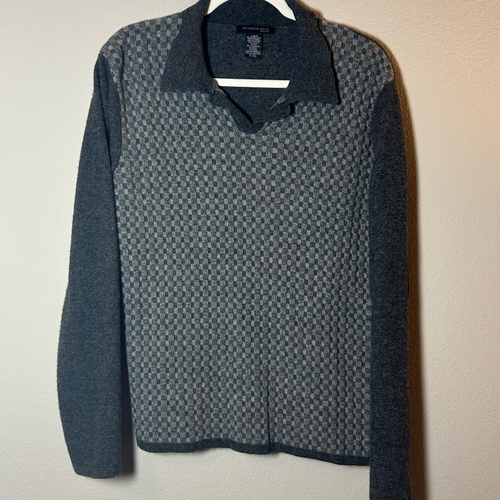 Mens Large Sweater with Collar Grey Lambs Wool Checker Preppy Kenneth Cole - Picture 10 of 10